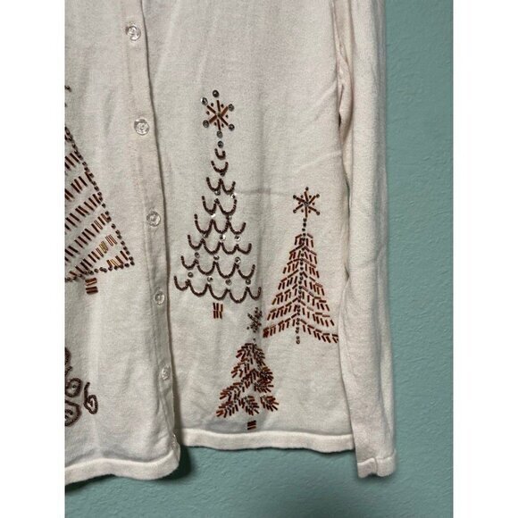 Mercer Street Studion Women's Cream and Gold Christmas Tree Sweater Cardigan Med - Picture 2 of 7